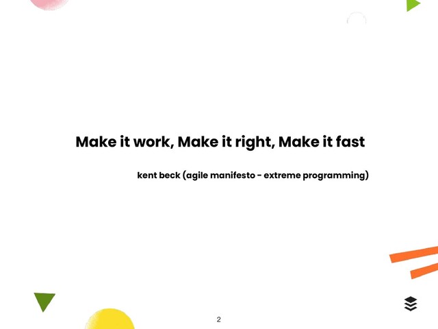 Make it work, Make it right, Make it fast
kent beck (agile manifesto - extreme programming)
