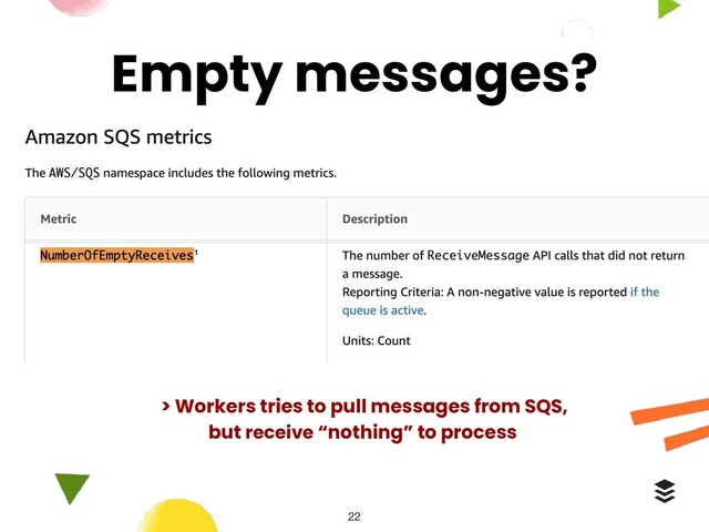Empty messages?
> Workers tries to pull messages from SQS,
but receive “nothing” to process
