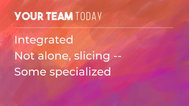 Your Team TODAY
Integrated
Not alone, slicing --
Some specialized
