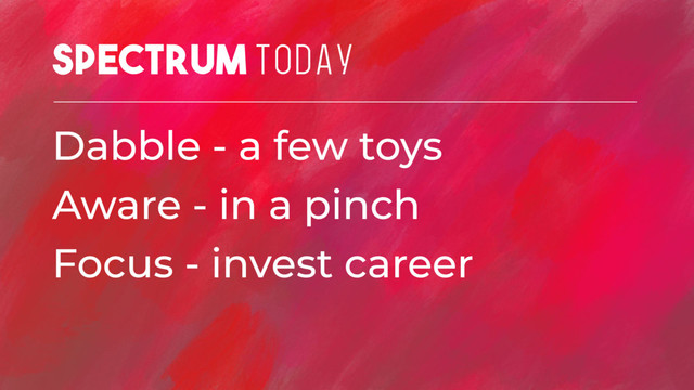 SPECTRUM TODAY
Dabble - a few toys
Aware - in a pinch
Focus - invest career
