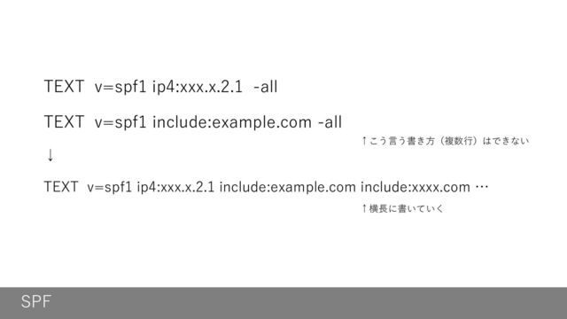 SPF
TEXT v=spf1 ip4:xxx.x.2.1 -all
TEXT v=spf1 include:example.com -all
↓
TEXT v=spf1 ip4:xxx.x.2.1 include:example.com include:xxxx.com …
↑こう言う書き方（複数行）はできない
↑横長に書いていく
