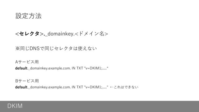 DKIM
設定方法
<セレクタ>._domainkey.<ドメイン名>
※同じDNSで同じセレクタは使えない
Aサービス用
default._domainkey.example.com. IN TXT "v=DKIM1;.....“
Bサービス用
default._domainkey.example.com. IN TXT "v=DKIM1;....." ←これはできない
