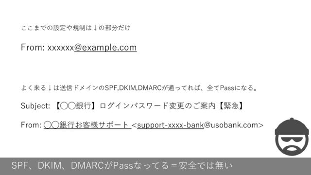 SPF、DKIM、DMARCがPassなってる＝安全では無い
ここまでの設定や規制は↓の部分だけ
From: xxxxxx@example.com
よく来る↓は送信ドメインのSPF,DKIM,DMARCが通ってれば、全てPassになる。
Subject: 【◯◯銀行】ログインパスワード変更のご案内【緊急】
From: ◯◯銀行お客様サポート 
