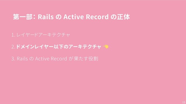 第一部： Rails の Active Record の正体
1. レイヤードアーキテクチャ
2. ドメインレイヤー以下のアーキテクチャ
3. Rails の Active Record が果たす役割
15
