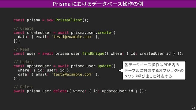 const prisma = new PrismaClient();
// Create
const createdUser = await prisma.user.create({
data: { email: 'test1@example.com' },
});
// Read
const user = await prisma.user.findUnique({ where: { id: createdUser.id } });
// Update
const updatedUser = await prisma.user.update({
where: { id: user!.id },
data: { email: 'test2@example.com' },
});
// Delete
await prisma.user.delete({ where: { id: updatedUser.id } });
Prisma におけるデータベース操作の例
各データベース操作はRDB内の
テーブルに対応するオブジェクトの
メソッド呼び出しに対応する
42
