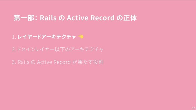 第一部： Rails の Active Record の正体
1. レイヤードアーキテクチャ
2. ドメインレイヤー以下のアーキテクチャ
3. Rails の Active Record が果たす役割
10
