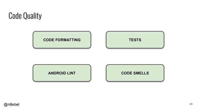 @n8ebel 23
ANDROID LINT
CODE FORMATTING
CODE SMELLS
TESTS
