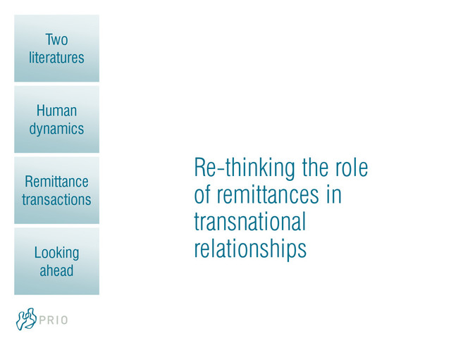 Two
literatures
Human
dynamics
Remittance
transactions
Looking
ahead
Re-thinking the role
of remittances in
transnational
relationships
