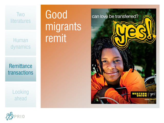 Good
migrants
remit
Two
literatures
Human
dynamics
Remittance
transactions
Looking
ahead
