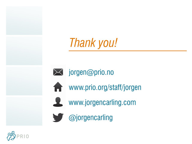 jorgen@prio.no
www.prio.org/staff/jorgen
www.jorgencarling.com
@jorgencarling
Thank you!
