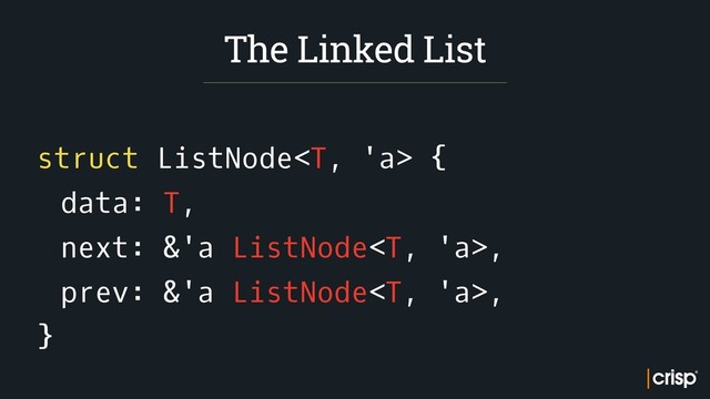 struct ListNode {
data: T,
next: &'a ListNode,
prev: &'a ListNode,
}
The Linked List
