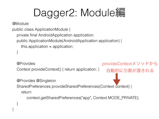 Dagger2: Moduleฤ
@Module
public class ApplicationModule {
private ﬁnal AndroidApplication application;
public ApplicationModule(AndroidApplication application) {
this.application = application;
}
@Provides
Context provideContext() { return application; }
@Provides @Singleton
SharedPreferences provideSharedPreferences(Context context) {
return
context.getSharedPreferences("app", Context.MODE_PRIVATE);
}
}
provideContextϝιου͔Β
ࣗಈతʹҾ਺͕౉͞ΕΔ
