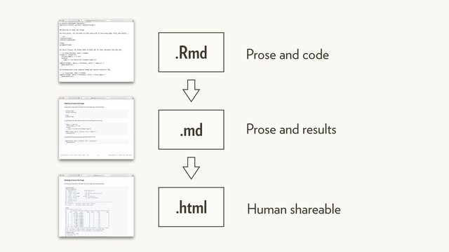 .Rmd Prose and code
.md Prose and results
.html Human shareable
