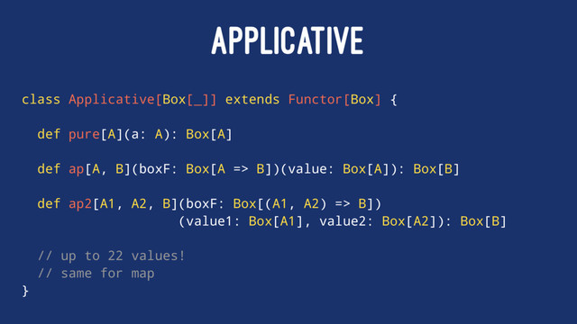 APPLICATIVE
class Applicative[Box[_]] extends Functor[Box] {
def pure[A](a: A): Box[A]
def ap[A, B](boxF: Box[A => B])(value: Box[A]): Box[B]
def ap2[A1, A2, B](boxF: Box[(A1, A2) => B])
(value1: Box[A1], value2: Box[A2]): Box[B]
// up to 22 values!
// same for map
}
