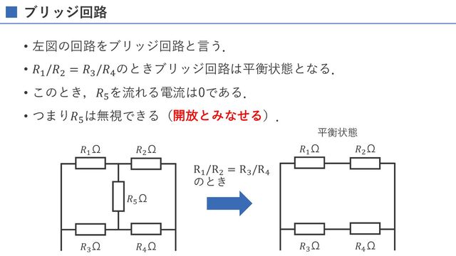 問題
• 図の回路で抵抗に流れる電流I[A]はどれか．ただし，電池の起電⼒は
4.0V，抵抗はすべて1.0Ωとする．(臨床⼯学技⼠国家試験35)
1. 1.0
2. 2.0
3. 3.0
4. 4.0
5. 5.0

