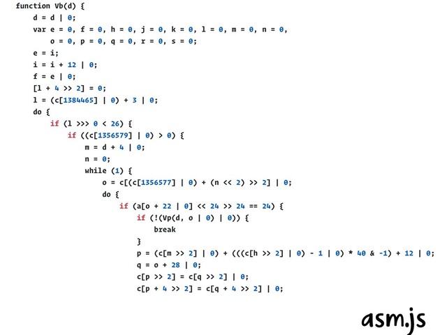 function Vb(d) {
d = d | 0;
var e = 0, f = 0, h = 0, j = 0, k = 0, l = 0, m = 0, n = 0,
o = 0, p = 0, q = 0, r = 0, s = 0;
e = i;
i = i + 12 | 0;
f = e | 0;
[l + 4 >> 2] = 0;
l = (c[1384465] | 0) + 3 | 0;
do {
if (l >>> 0 < 26) {
if ((c[1356579] | 0) > 0) {
m = d + 4 | 0;
n = 0;
while (1) {
o = c[(c[1356577] | 0) + (n << 2) >> 2] | 0;
do {
if (a[o + 22 | 0] << 24 >> 24 == 24) {
if (!(Vp(d, o | 0) | 0)) {
break
}
p = (c[m >> 2] | 0) + (((c[h >> 2] | 0) - 1 | 0) * 40 & -1) + 12 | 0;
q = o + 28 | 0;
c[p >> 2] = c[q >> 2] | 0;
c[p + 4 >> 2] = c[q + 4 >> 2] | 0;
c[p + 8 >> 2] = c[q + 8 >> 2] | 0;
c[p + 12 >> 2] = c[q + 12 >> 2] | 0;
c[p + 16 >> 2] = c[q + 16 >> 2] | 0;
asm.js
