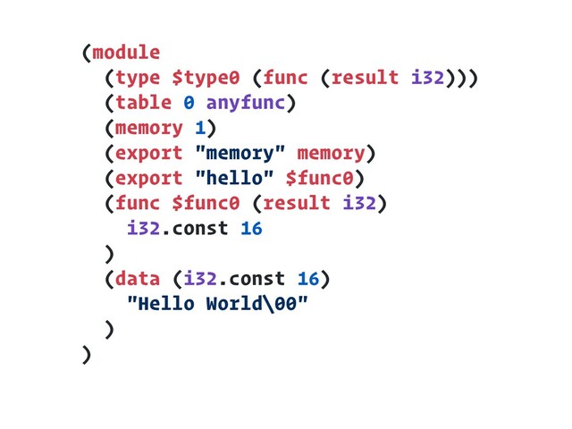 (module
(type $type0 (func (result i32)))
(table 0 anyfunc)
(memory 1)
(export "memory" memory)
(export "hello" $func0)
(func $func0 (result i32)
i32.const 16
)
(data (i32.const 16)
"Hello World\00"
)
)
