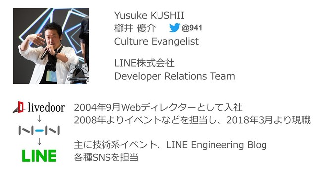 @941
Yusuke KUSHII  
櫛井 優介 
Culture Evangelist 
LINE株式会社 
Developer Relations Team
2004年9⽉Webディレクターとして⼊社 
2008年よりイベントなどを担当し、2018年3⽉より現職 
 
主に技術系イベント、LINE Engineering Blog
各種SNSを担当
↓
↓
