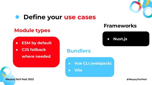 Deﬁne your use cases
Module types
● ESM by default
● CJS fallback
where needed
Bundlers
● Vue CLI (webpack)
● Vite
Frameworks
● Nuxt.js
