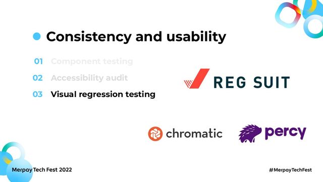 Consistency and usability
01 Component testing
02 Accessibility audit
03 Visual regression testing
