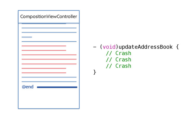 @end
- (void)updateAddressBook {
// Crash
// Crash
// Crash
}
CompositionViewController
