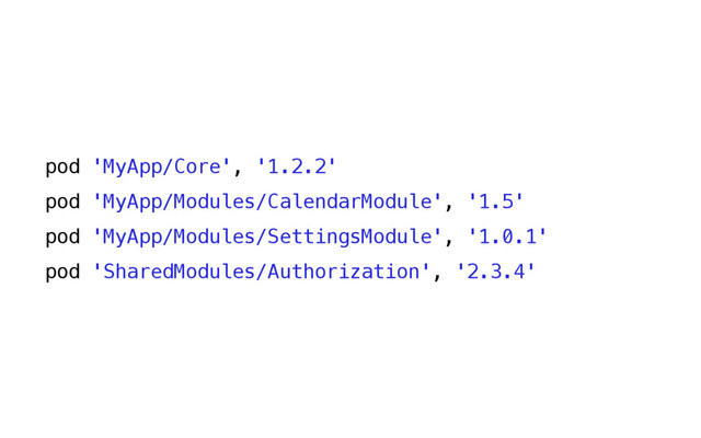 pod 'MyApp/Core', '1.2.2'
pod 'MyApp/Modules/CalendarModule', '1.5'
pod 'MyApp/Modules/SettingsModule', '1.0.1'
pod 'SharedModules/Authorization', '2.3.4'
