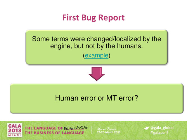 First Bug Report
Some terms were changed/localized by the
engine, but not by the humans.
(example)
Human error or MT error?
