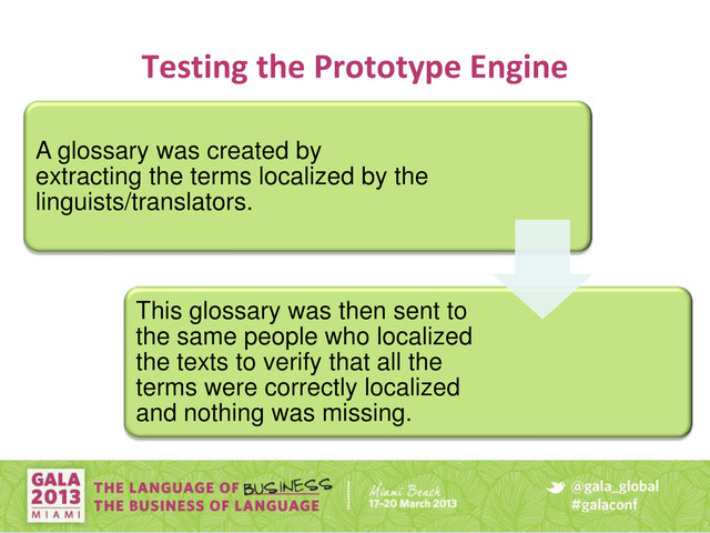 Testing the Prototype Engine
A glossary was created by
extracting the terms localized by the
linguists/translators.
This glossary was then sent to
the same people who localized
the texts to verify that all the
terms were correctly localized
and nothing was missing.
