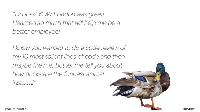 @holly_cummins #RedHat
“Hi boss! YOW London was great!
 
I learned so much that will help me be a
better employee!


I know you wanted to do a code review of
my 10 most salient lines of code and then
maybe fire me, but let me tell you about
how ducks are the funnest animal
instead!”
