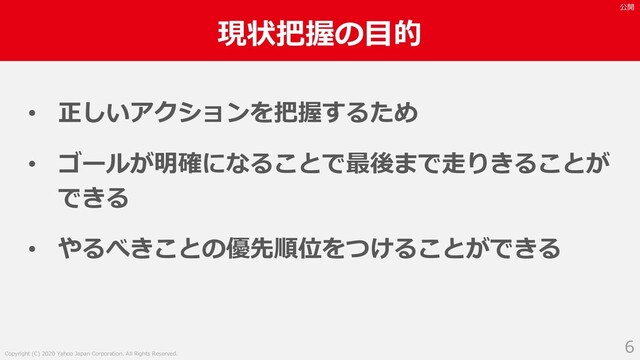 Copyright (C) 2020 Yahoo Japan Corporation. All Rights Reserved.
公開
現状把握の⽬的
6
• 正しいアクションを把握するため
• ゴールが明確になることで最後まで⾛りきることが
できる
• やるべきことの優先順位をつけることができる
