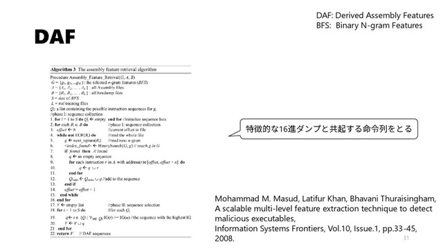DAF
31
Mohammad M. Masud, Latifur Khan, Bhavani Thuraisingham,
A scalable multi-level feature extraction technique to detect
malicious executables,
Information Systems Frontiers, Vol.10, Issue.1, pp.33-45,
2008.
16
DAF: Derived Assembly Features
BFS: Binary N-gram Features
