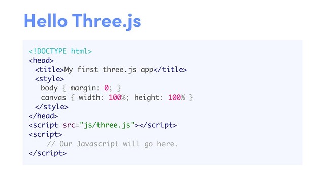 

My first three.js app

body { margin: 0; }
canvas { width: 100%; height: 100% }




// Our Javascript will go here.

Hello Three.js
