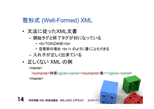 学術情報 XML 推進協議会 XML/JATS 入門セミナ
14 2018/11/7
学術情報 XML 推進協議会 XML/JATS 入門セミナ
14
整形式 (Well-Formed) XML
• 文法に従ったXML文書
– 開始タグと終了タグが対になっている
• <b>TOKIZANE</b>
• 空要素の場合 <br> のように書くこともできる
– 入れ子が正しく出来ている
• 正しくない XML の例

時実象一

