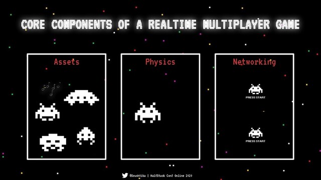 CORE COMPONENTS OF A REALTIME MULTIPLAYER GAME
Physics Networking
Assets
@Srushtika | HalfStack Conf Online 2020
