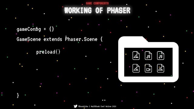 WORKING OF PHASER
GAME COMPONENTS
@Srushtika | HalfStack Conf Online 2020
preload()
gameConﬁg = {}
GameScene extends Phaser.Scene {
}
