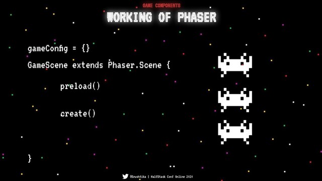 GameScene extends Phaser.Scene {
}
WORKING OF PHASER
GAME COMPONENTS
@Srushtika | HalfStack Conf Online 2020
preload()
create()
gameConﬁg = {}
