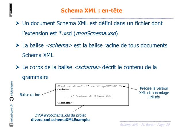 10
Schema XML - M. Baron - Page
mickael-baron.fr mickaelbaron
Schema XML : en-tête
 Un document Schema XML est défini dans un fichier dont
l’extension est *.xsd (monSchema.xsd)
 La balise  est la balise racine de tous documents
Schema XML
 Le corps de la balise  décrit le contenu de la
grammaire


... // Contenu du Schema XML

Balise racine
Précise la version
XML et l’encodage
utilisés
InfoPersoSchema.xsd du projet
divers.xml.schemaXMLExample
