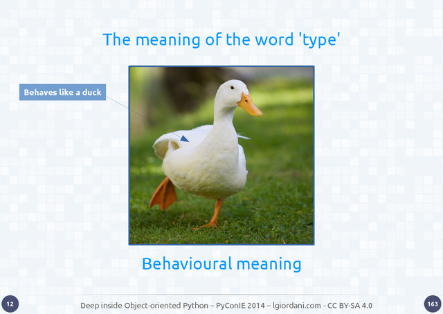 Deep inside Object-oriented Python – PyConIE 2014 – lgiordani.com - CC BY-SA 4.0
12 163
The meaning of the word 'type'
Behaves like a duck
Behavioural meaning
