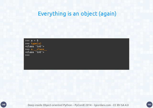 Deep inside Object-oriented Python – PyConIE 2014 – lgiordani.com - CC BY-SA 4.0
140 163
Everything is an object (again)
>>> a = 5
>>> type(a)

>>> a.__class__

>>>
