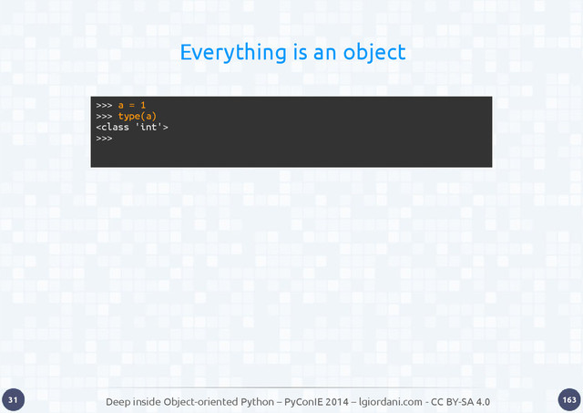 Deep inside Object-oriented Python – PyConIE 2014 – lgiordani.com - CC BY-SA 4.0
31 163
Everything is an object
>>> a = 1
>>> type(a)

>>>
