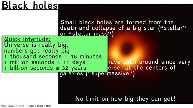 Black holes
Image: Event Horizon Telescope collaboration
No limit on how big they can get!
Small black holes are formed from the
death and collapse of a big star (“stellar”
or “stellar mass”)
Big black holes have been around since very
early in the universe, at the centers of
galaxies (“supermassive”)
Quick interlude:
Universe is really big,
numbers get really big
1 thousand seconds ≅ 16 minutes
1 million seconds ≅ 11 days
1 billion seconds ≅ 32 years
