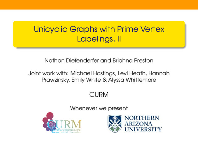 Unicyclic Graphs with Prime Vertex
Labelings, II
Nathan Diefenderfer and Briahna Preston
Joint work with: Michael Hastings, Levi Heath, Hannah
Prawzinsky, Emily White & Alyssa Whittemore
CURM
Whenever we present
