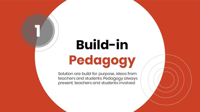 Build-in
Pedagogy
Solution are build for purpose, ideas from
teachers and students. Pedagogy always
present, teachers and students involved
1

