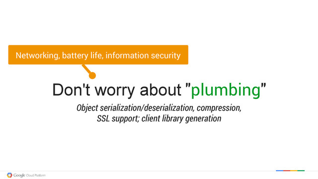 Don't worry about "plumbing"
Object serialization/deserialization, compression,
SSL support; client library generation
Networking, battery life, information security
