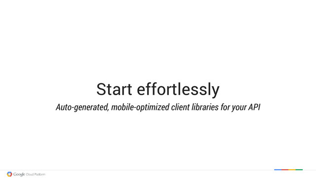 Start effortlessly
Auto-generated, mobile-optimized client libraries for your API
