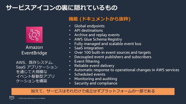 © 2023, Amazon Web Services, Inc. or its affiliates.
サービスアイコンの裏に隠れているもの
Amazon
EventBridge
AWS、既存システム、
SaaS アプリケーション
を通じて⼤規模な
イベント駆動型アプリ
ケーションを構築
• Global endpoints
• API destinations
• Archive and replay events
• AWS Glue Schema Registry
• Fully managed and scalable event bus
• SaaS integration
• Over 100 built-in event sources and targets
• Decoupled event publishers and subscribers
• Event filtering
• Reliable event delivery
• Automatic response to operational changes in AWS services
• Scheduled events
• Monitoring and auditing
• Security and compliance
機能 (ドキュメントから抜粋)
加えて、サービスはそれだけで成⽴せずプラットフォームの⼀部である

