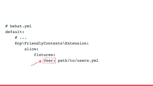 # behat.yml
default:
# ... 
Knp\FriendlyContexts\Extension:
alice:
fixtures:
User: path/to/users.yml
KnpLabs/FriendlyContexts
