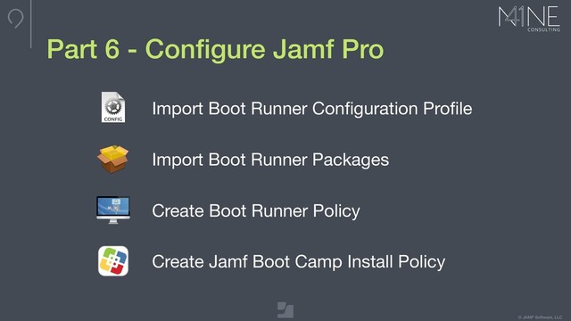 © JAMF Software, LLC
Part 6 - Conﬁgure Jamf Pro
Import Boot Runner Conﬁguration Proﬁle
Import Boot Runner Packages
Create Boot Runner Policy
Create Jamf Boot Camp Install Policy
