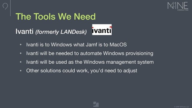 © JAMF Software, LLC
The Tools We Need
• Ivanti is to Windows what Jamf is to MacOS

• Ivanti will be needed to automate Windows provisioning

• Ivanti will be used as the Windows management system

• Other solutions could work, you’d need to adjust
Ivanti (formerly LANDesk)
