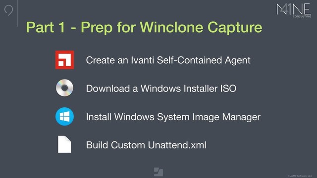 © JAMF Software, LLC
Part 1 - Prep for Winclone Capture
Create an Ivanti Self-Contained Agent
Download a Windows Installer ISO
Install Windows System Image Manager
Build Custom Unattend.xml
